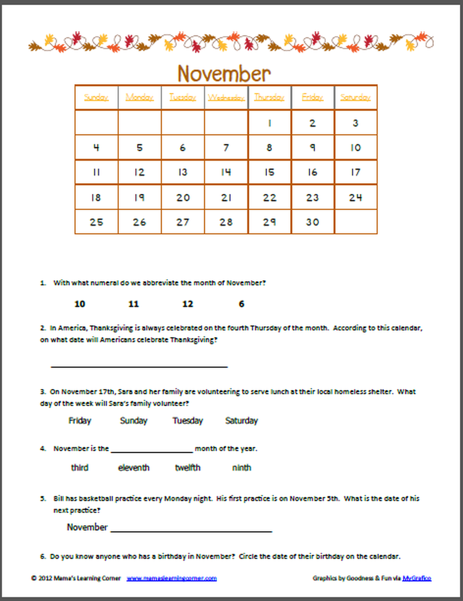 Calendar Worksheets - Mrs. Nowak's Homeroom